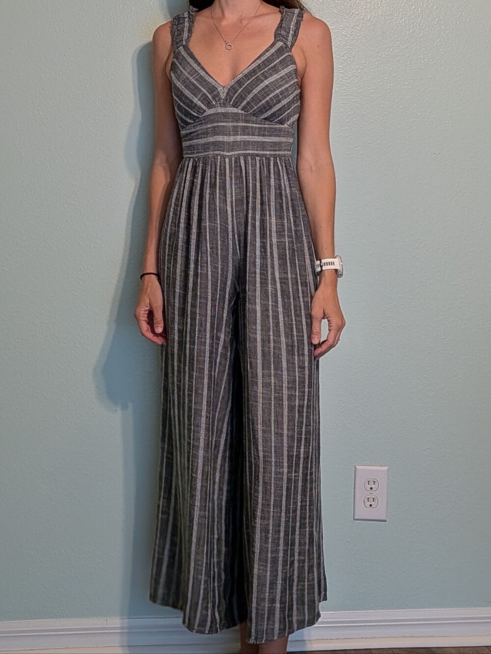 Striped V-Neck Wide-Leg Jumpsuit - Gray